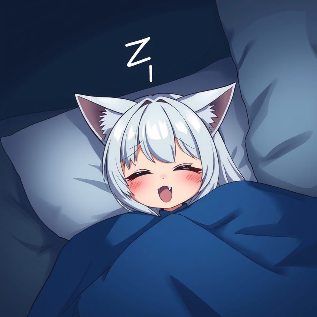 Cute Anime Catgirl Sleeps Serenely in a Moody Dark Setting