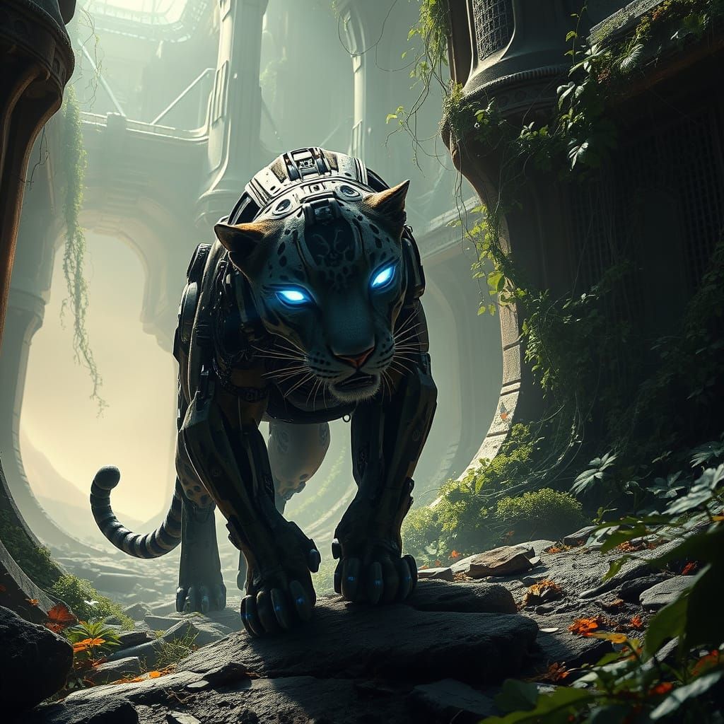 Cybernetic Jaguar Prowls Overgrown Alien Ruins