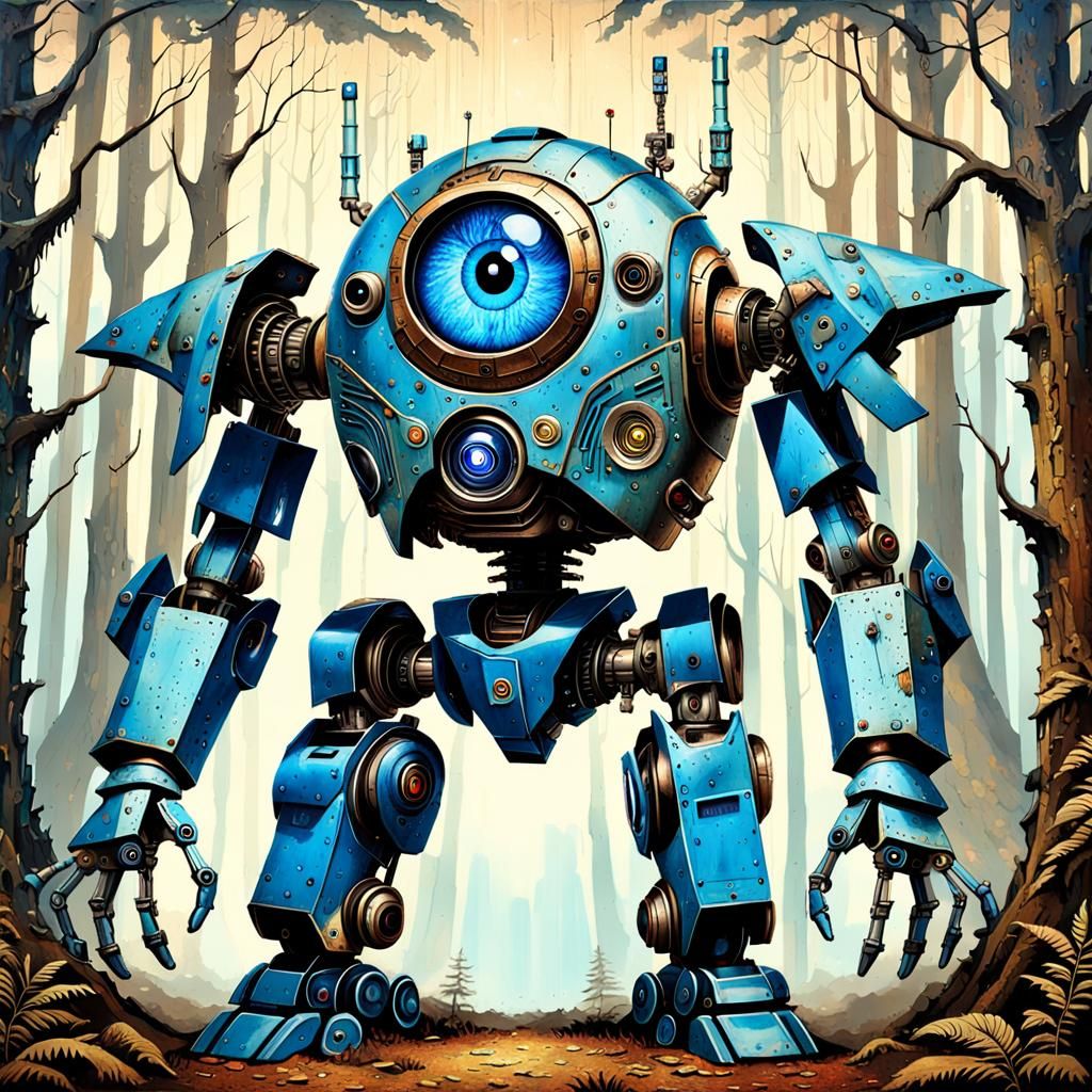 Colossal Blue Robot in Mystical Forest, Grunge Style