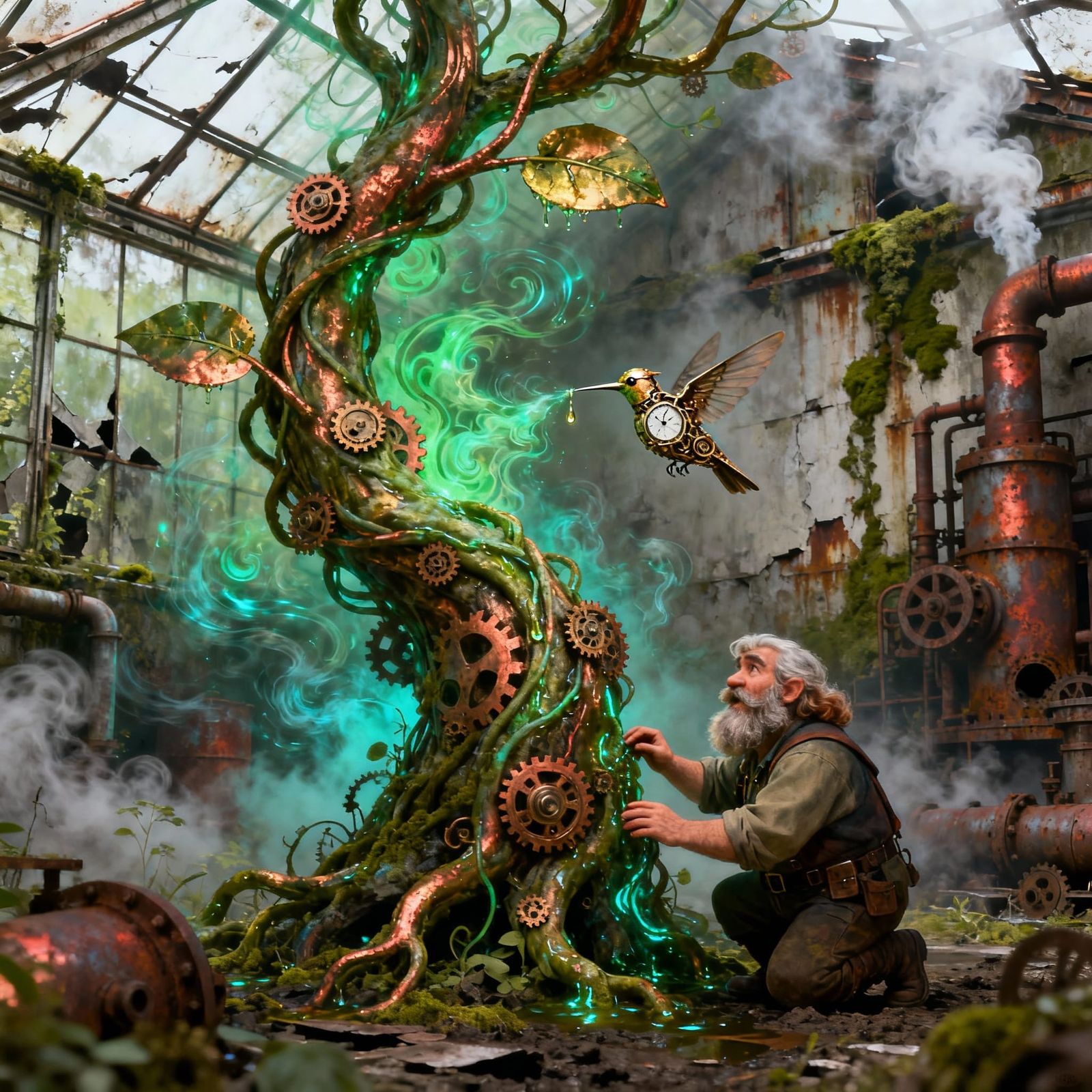 Industrial Fantasy Surrealism: Gearvine in Ruined Greenhouse