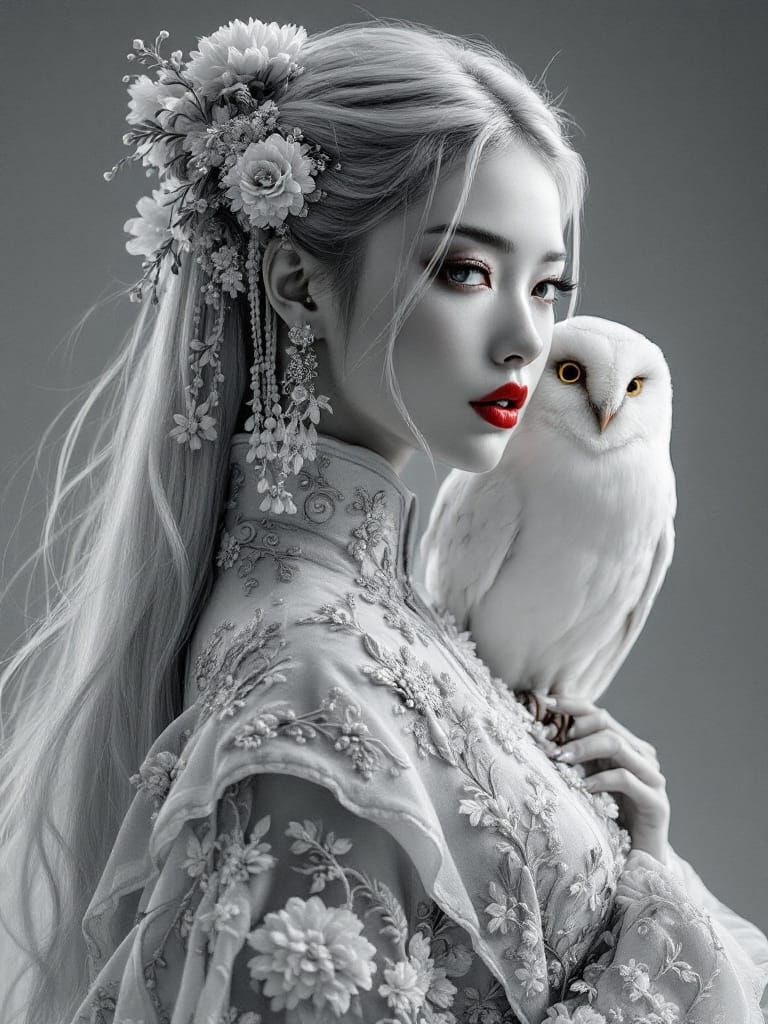 Regal Fantasy Portrait: Woman with White Owl and Red Lips