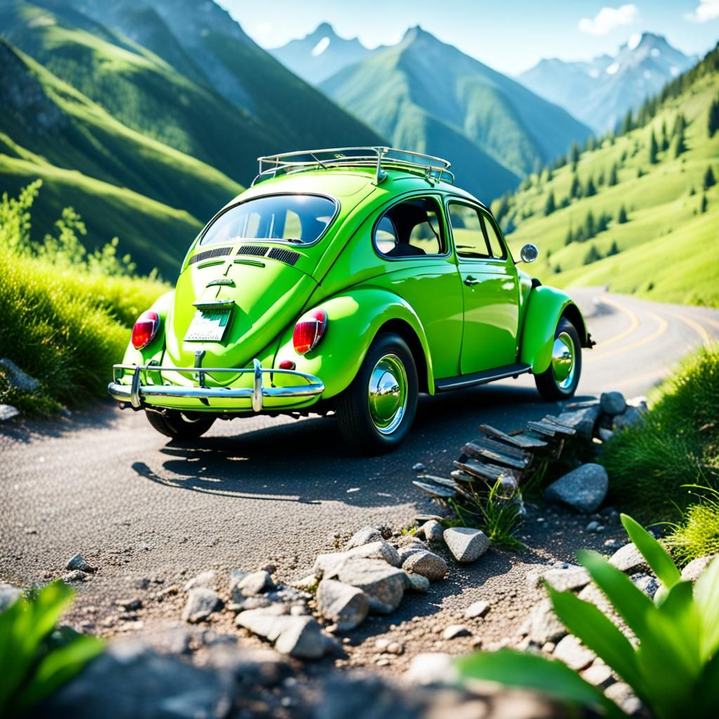Lime Green VW Beetle Mountain Photography