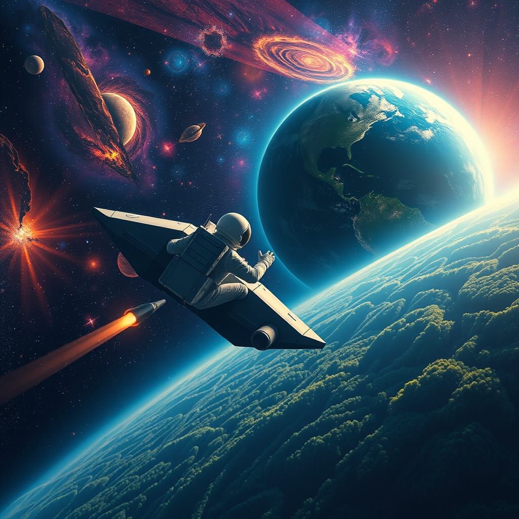 Astronaut Soars Through the Galaxy to Reach a Lush Blue Plan...