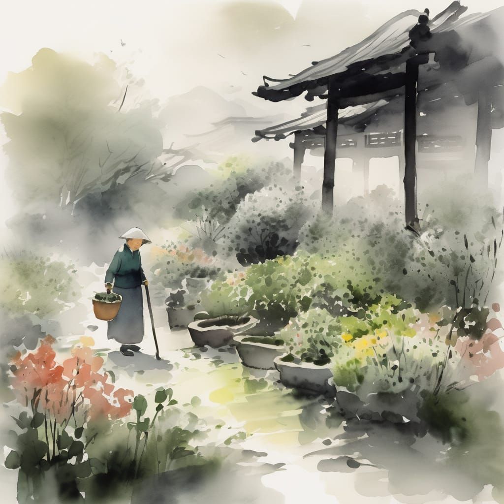 Elderly Woman in Chinese Landscape Garden