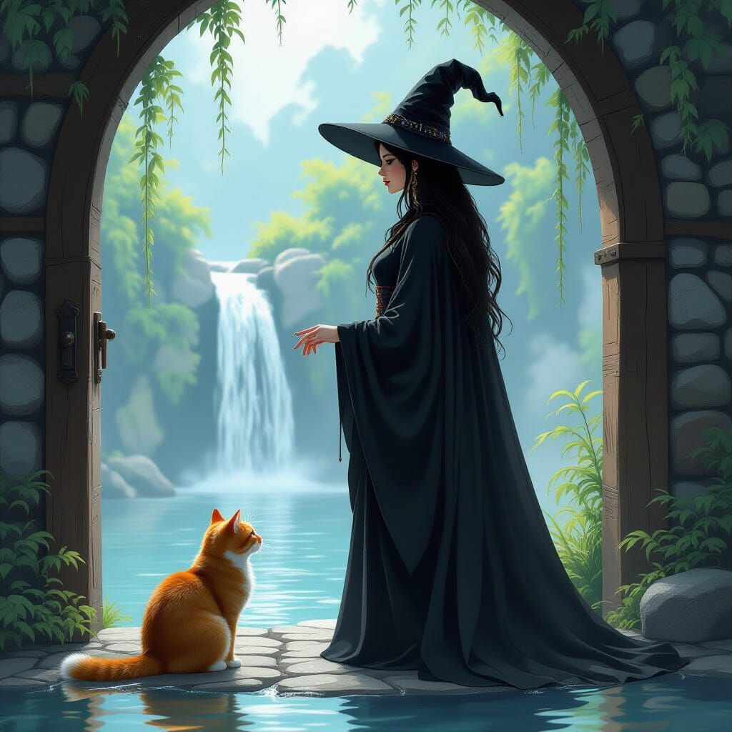 Elegant Witch and Orange Cat Enter Waterfall Portal