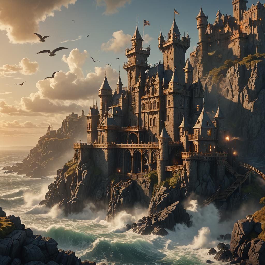 Steampunk Castle on Rocky Coast at Golden Hour