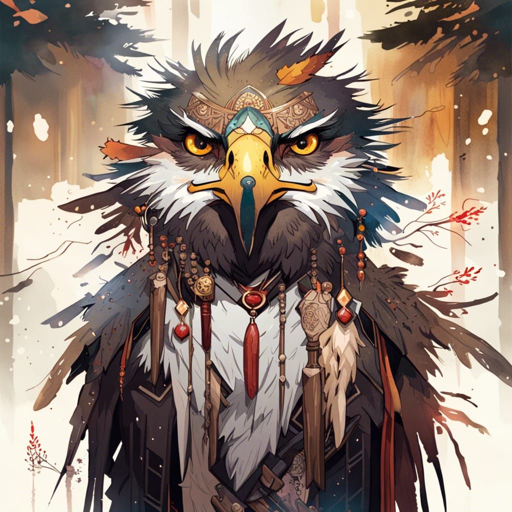 Anime Eagle Shaman Portrait in Watercolor