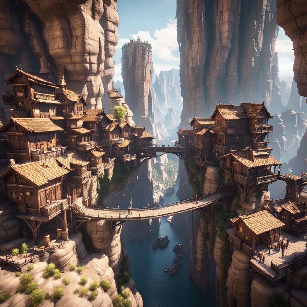 Hanging City on Canyon Walls in 3D