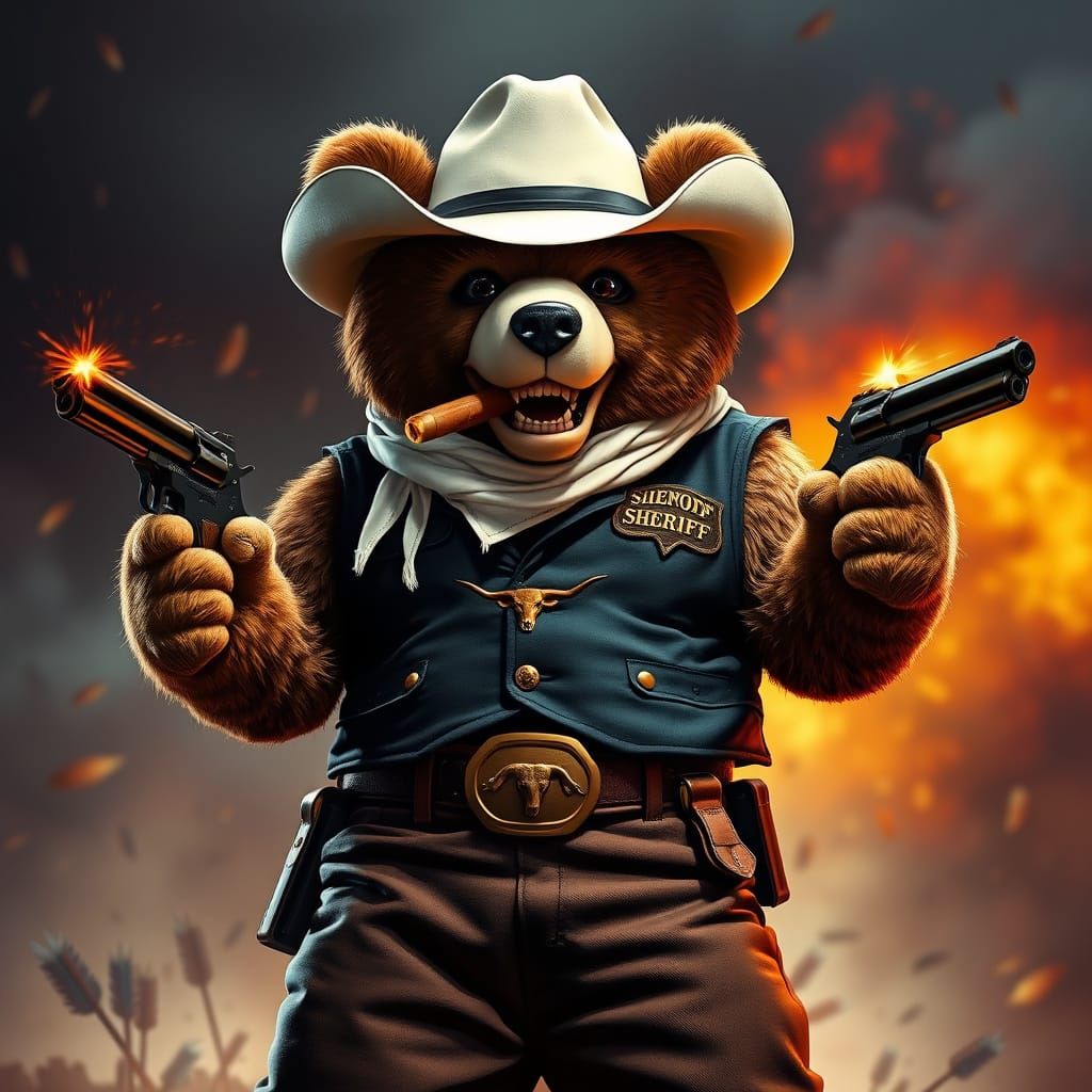 Heroic Teddy Bear in Cowboy Regalia, Oil Painting Style