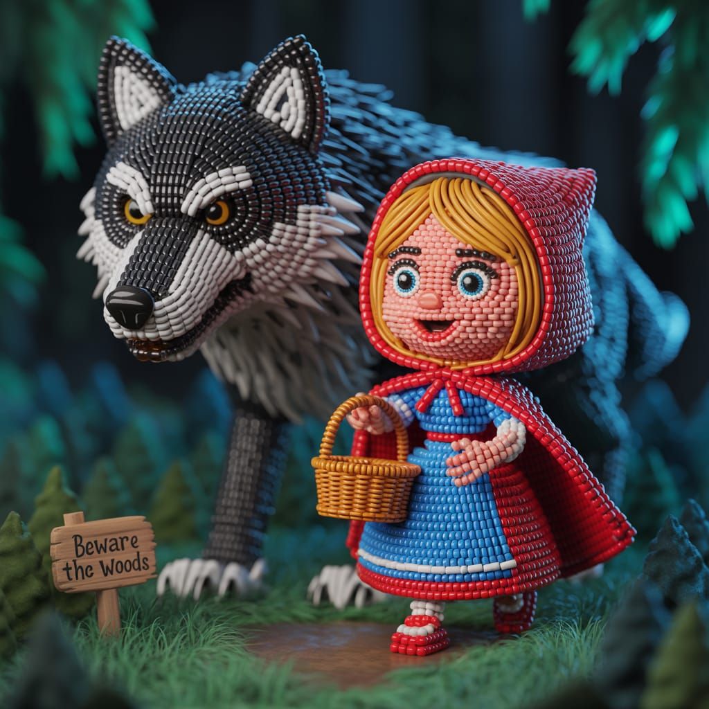 Little Red Riding Hood and Wolf in 3D Beadwork
