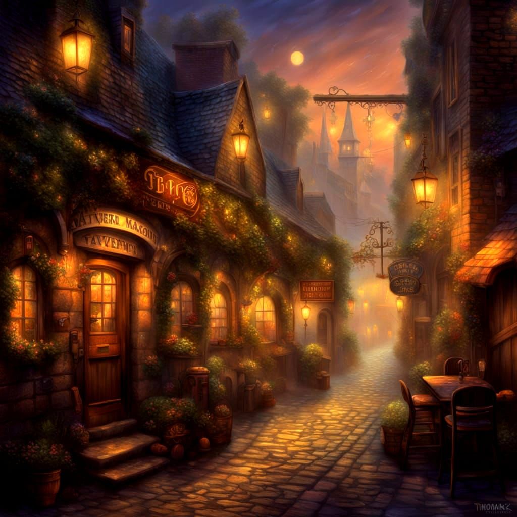 Rustic Tavern Alley at Night in Ethereal Mist