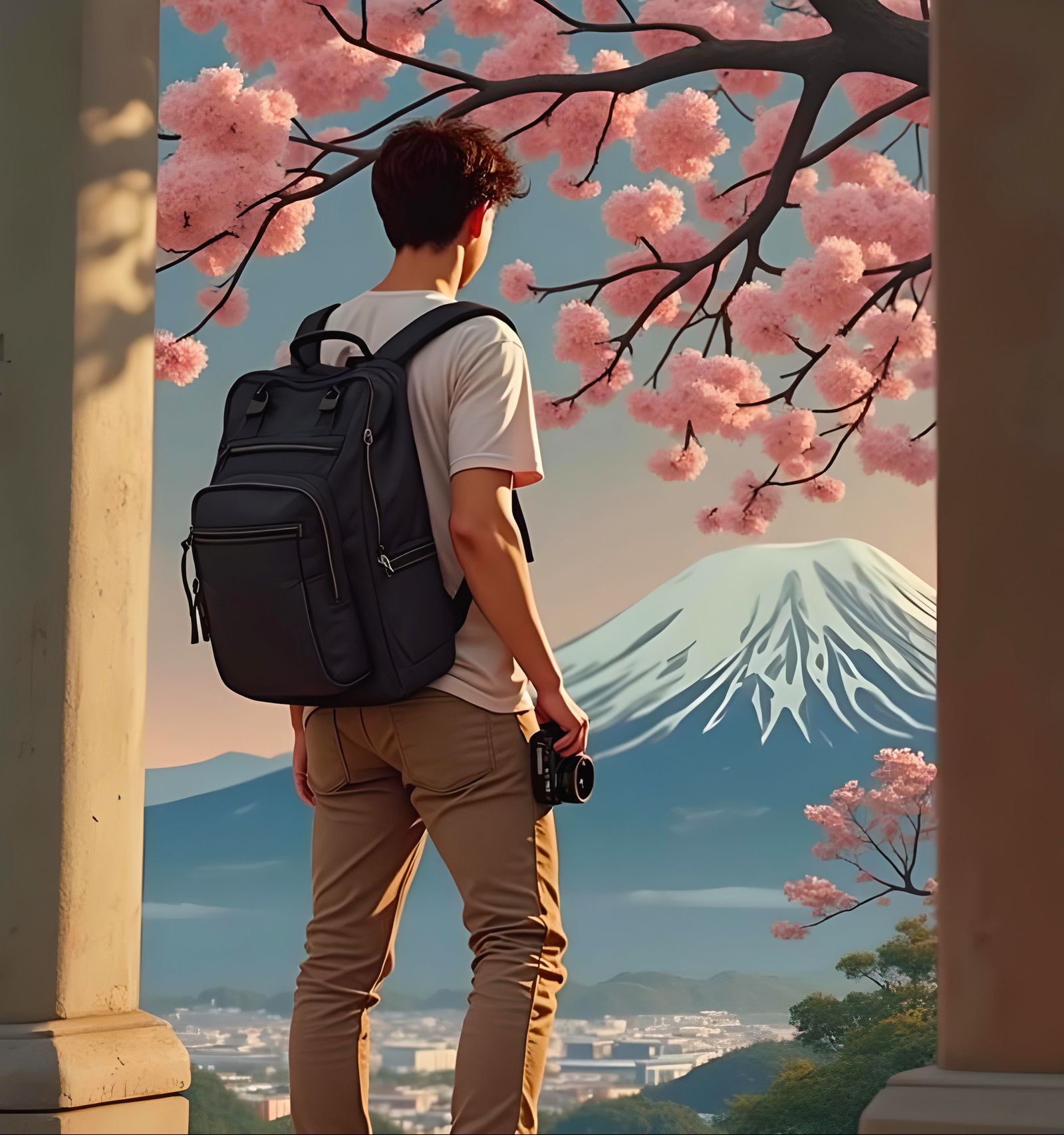 Cherry Blossom Landscape with Mt. Fuji, Impressionistic Styl...