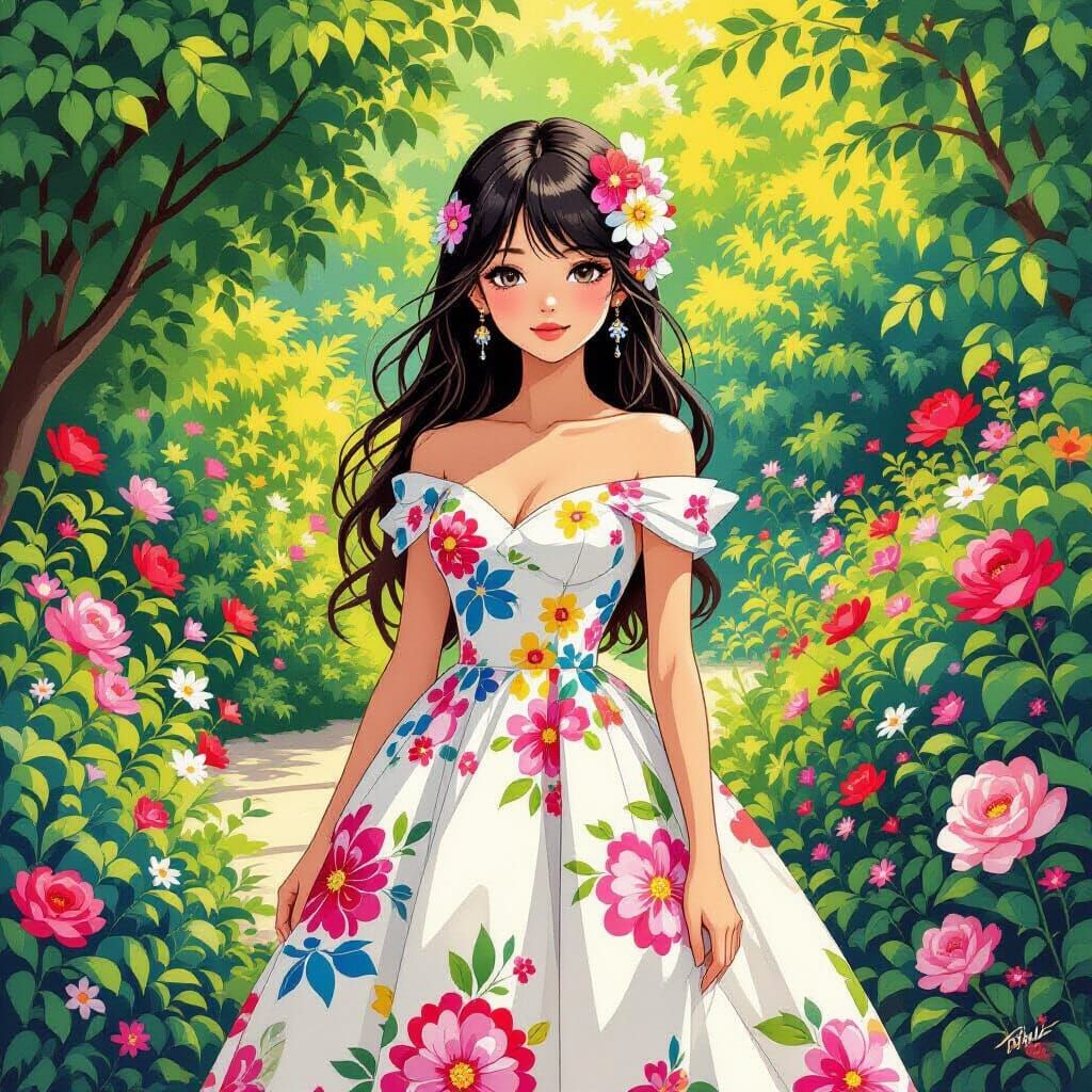 Elegant Girl in Lush Garden, Surrealist Art