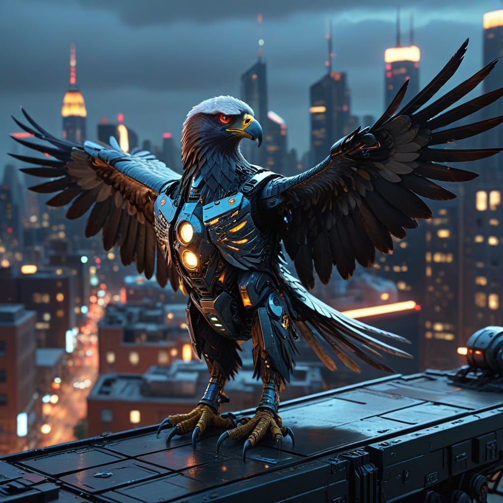 Cyborg Eagle Takes Flight Over Futuristic NYC