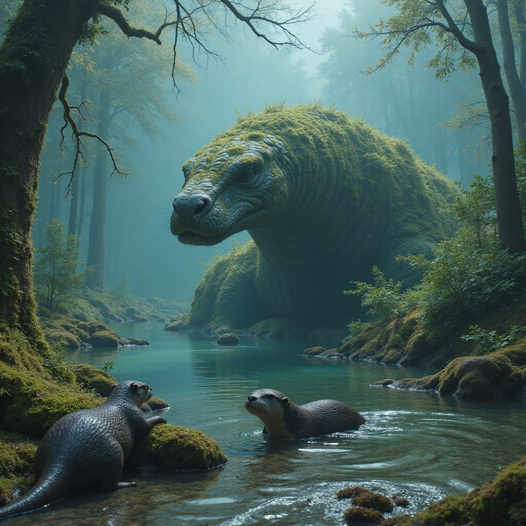 Loch Ness Monster Observes Otters: Matte Painting