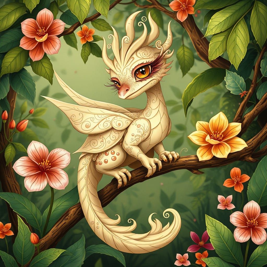 Elegant Dragon-Peacock Sighting in a Fantastical Garden Scen...