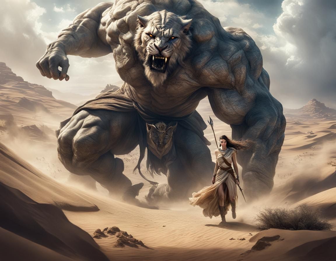 Epic Battle: Catgirl vs Giant in Windswept Desert