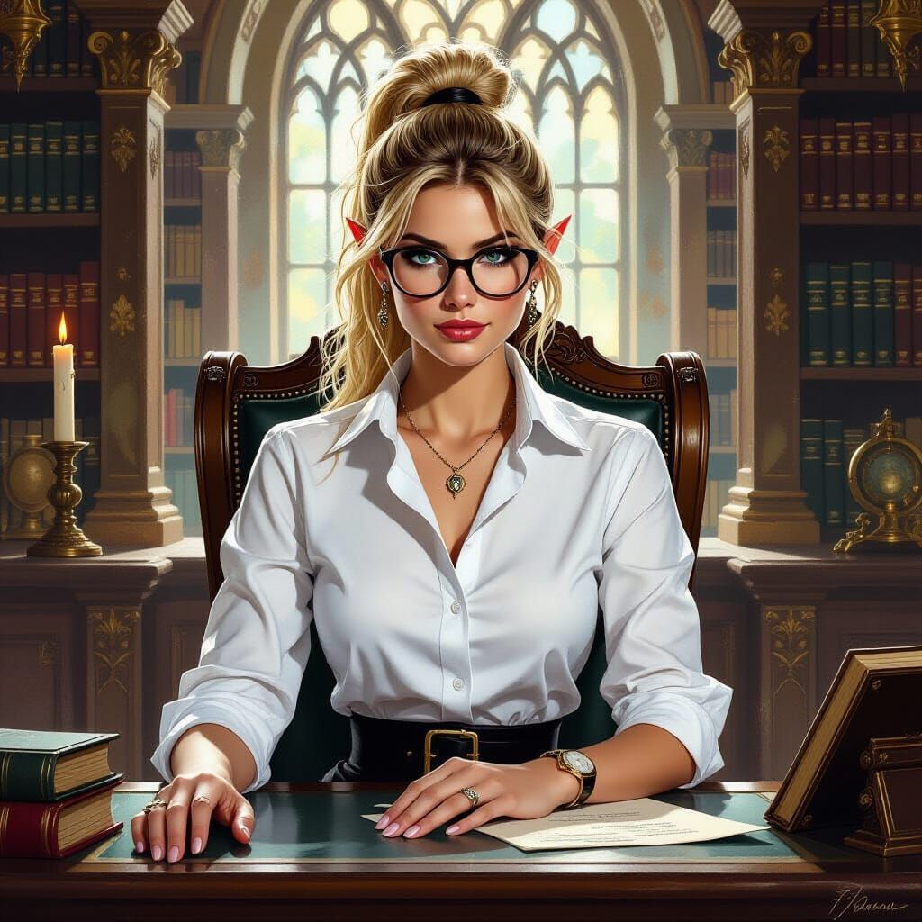 Elf Librarian in Grand Fantasy Library, Oil Painting