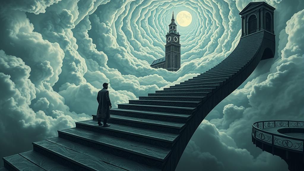 Surreal Infinite Staircase with Distorted Architecture