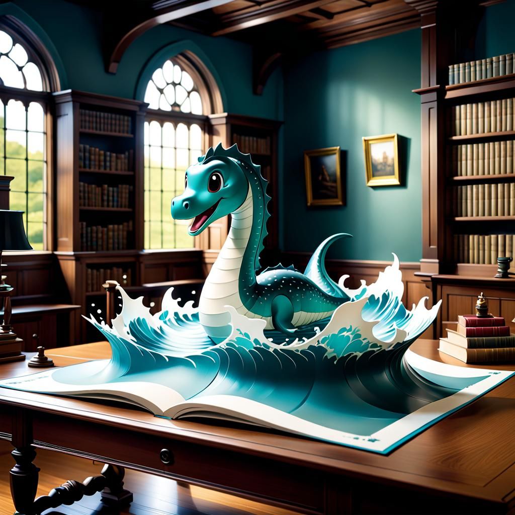 Cute Nessie Pop-up Book in Anime Style