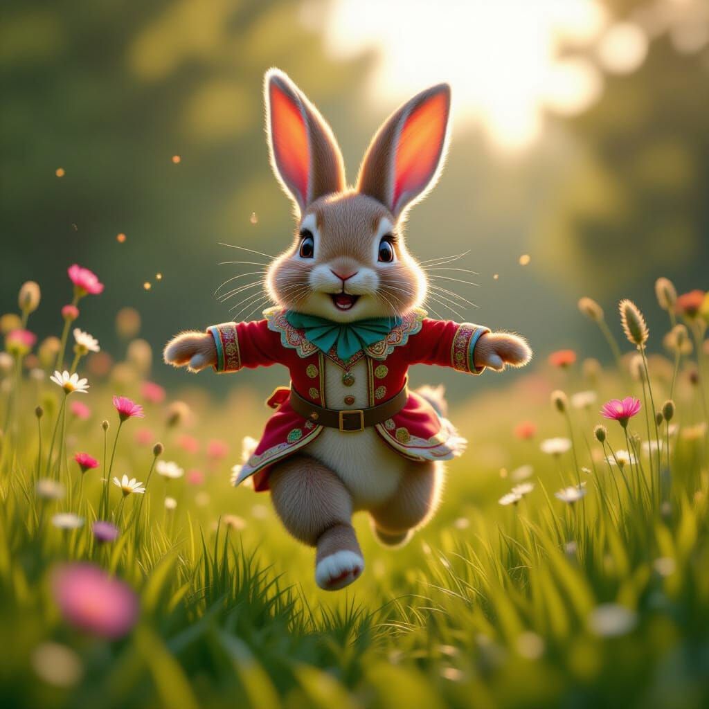 Magical Rabbit Jumps Through Lush Meadow in Hyperrealistic S...