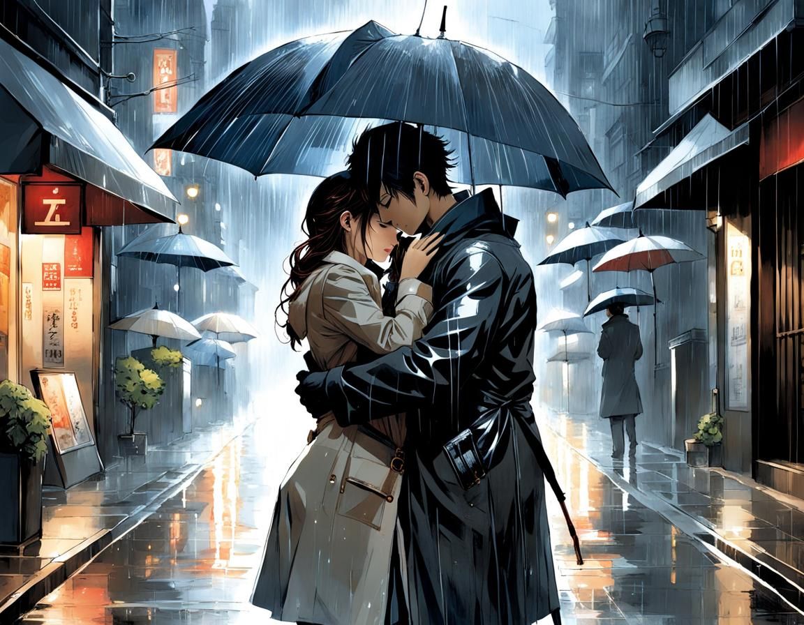 Romantic Couple Embrace in Rainy Cityscape