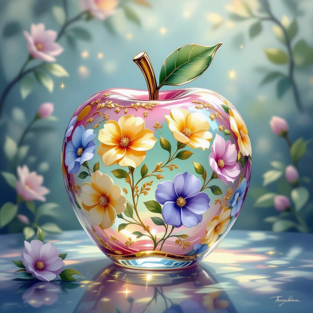 Crystal Apple with Floral Patterns in Ethereal Mist