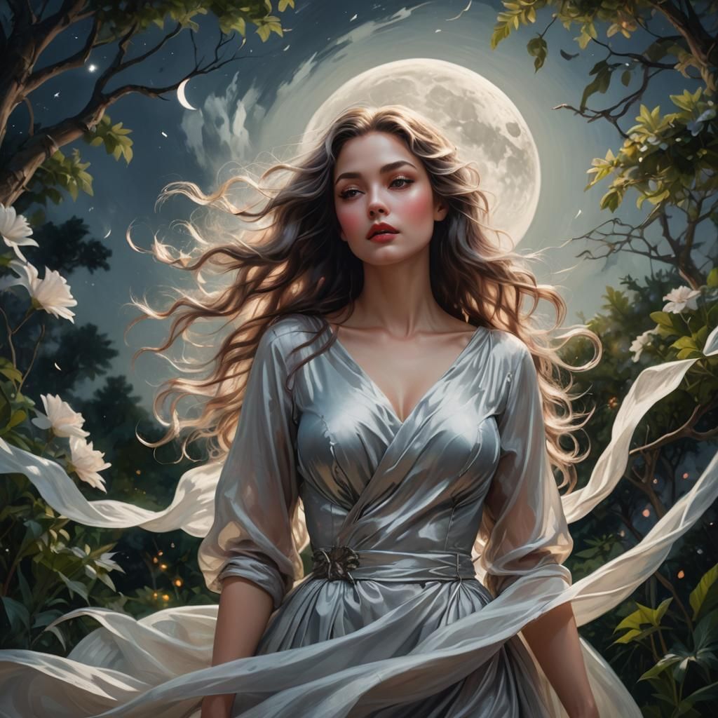 Ethereal Woman in Moonlit Garden: Fantasy Concept Art