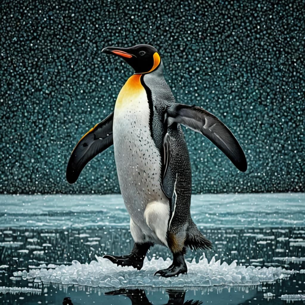 King Penguin Dancing on Ice in Pointillism Style