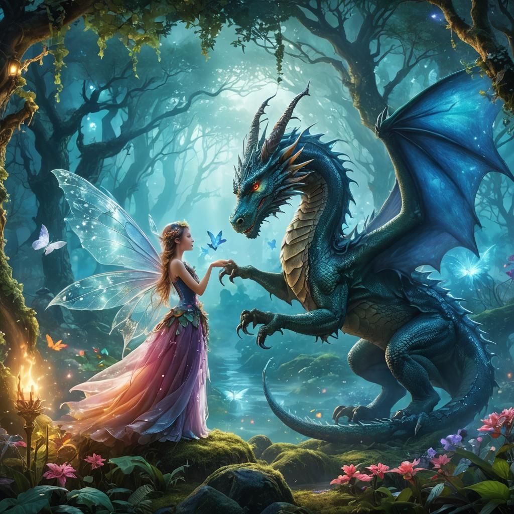 Fairy and Dragon in Magical Forest