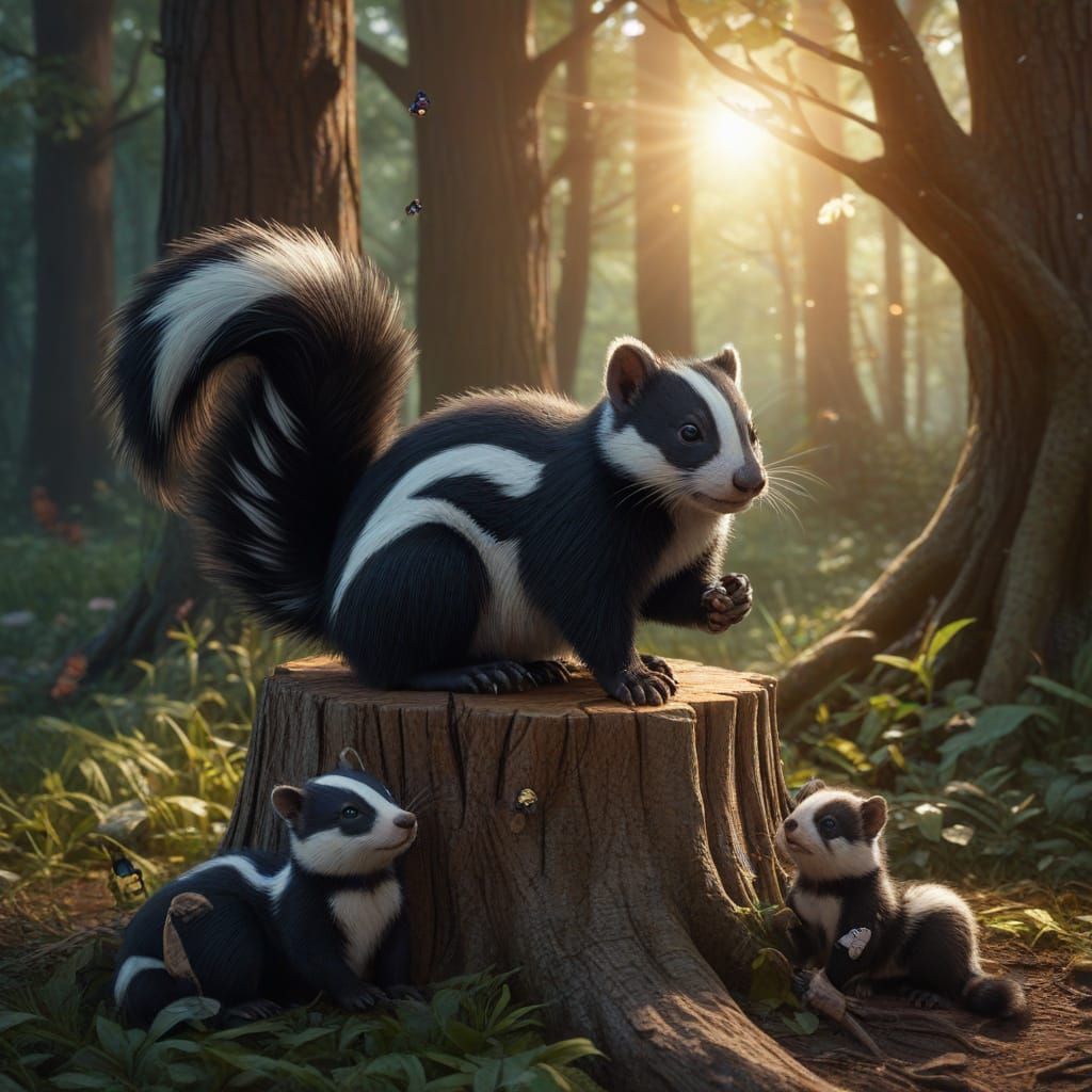 Surreal Skunk Family in Vibrant Sunrise Woodland