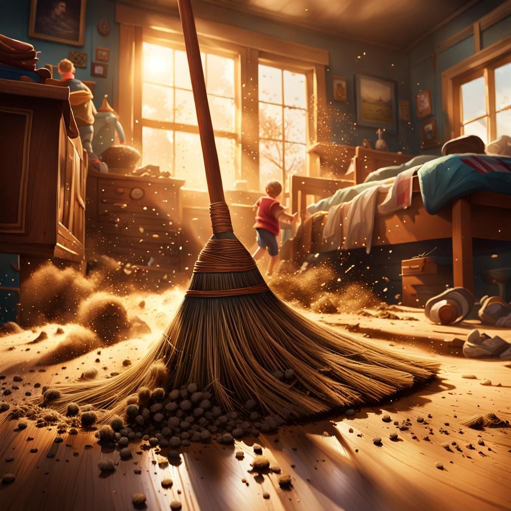 Chaotic Broom Sweeping Dust in Hyperrealistic Digital Art