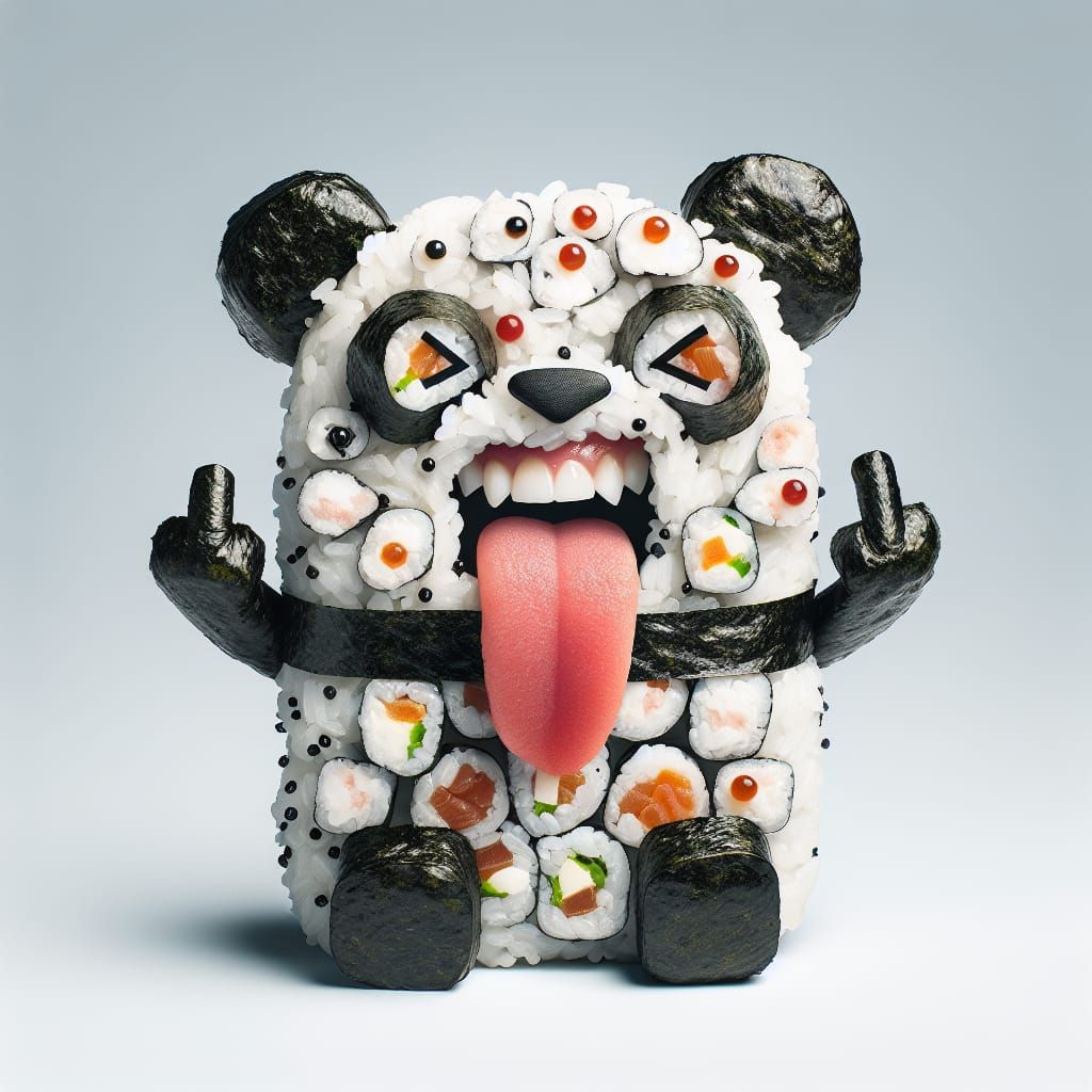 A rebel SUSHI crossed with a (PANDA BEAR made of SUSHI ROLLS...
