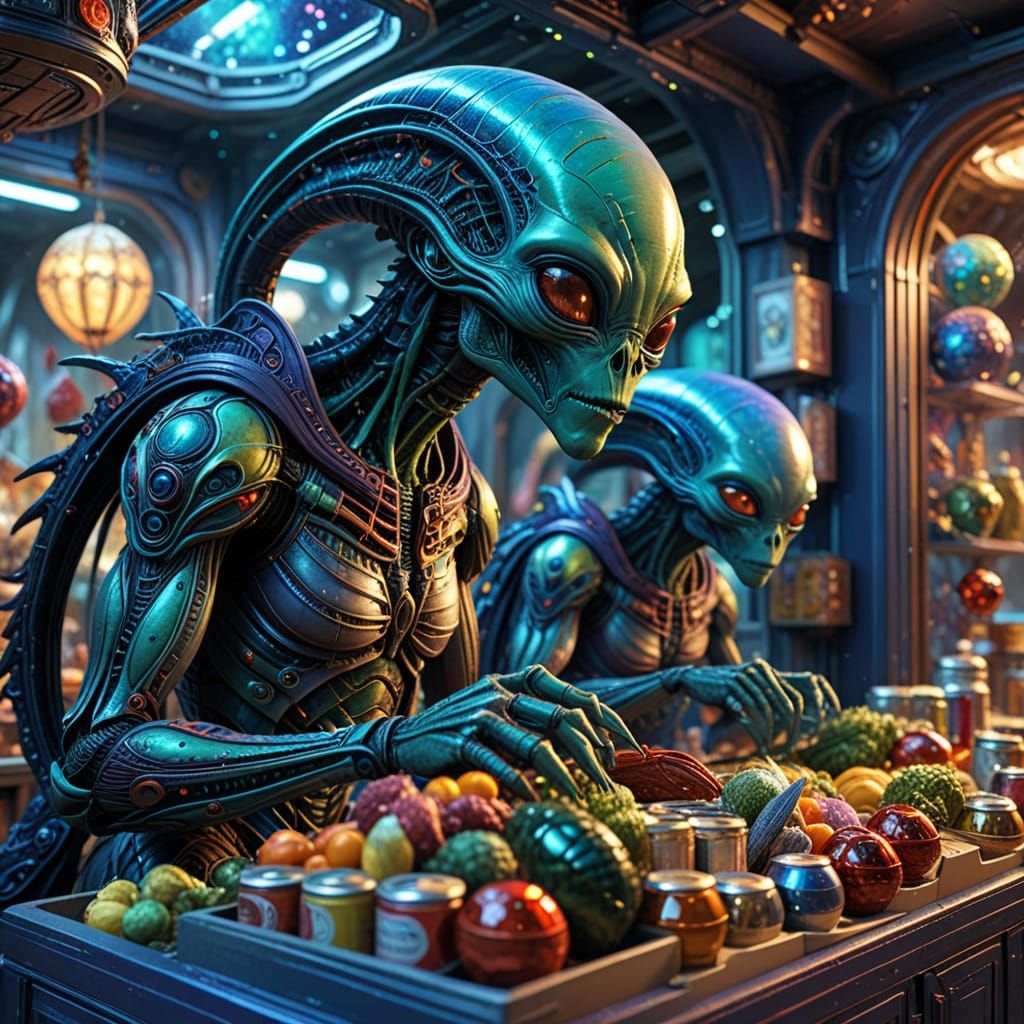 Alien Family Shopping at Renaissance Marketplace in Splatter...