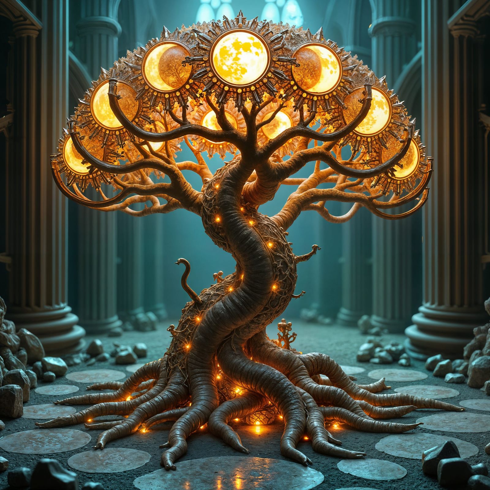 Clockwork Tree Cathedral Ruins: a Surrealist Oil Painting