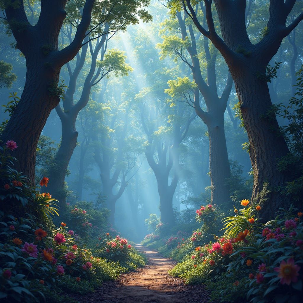 Vibrant Forest Teeming with Exotic Wildlife in Fantastical S...