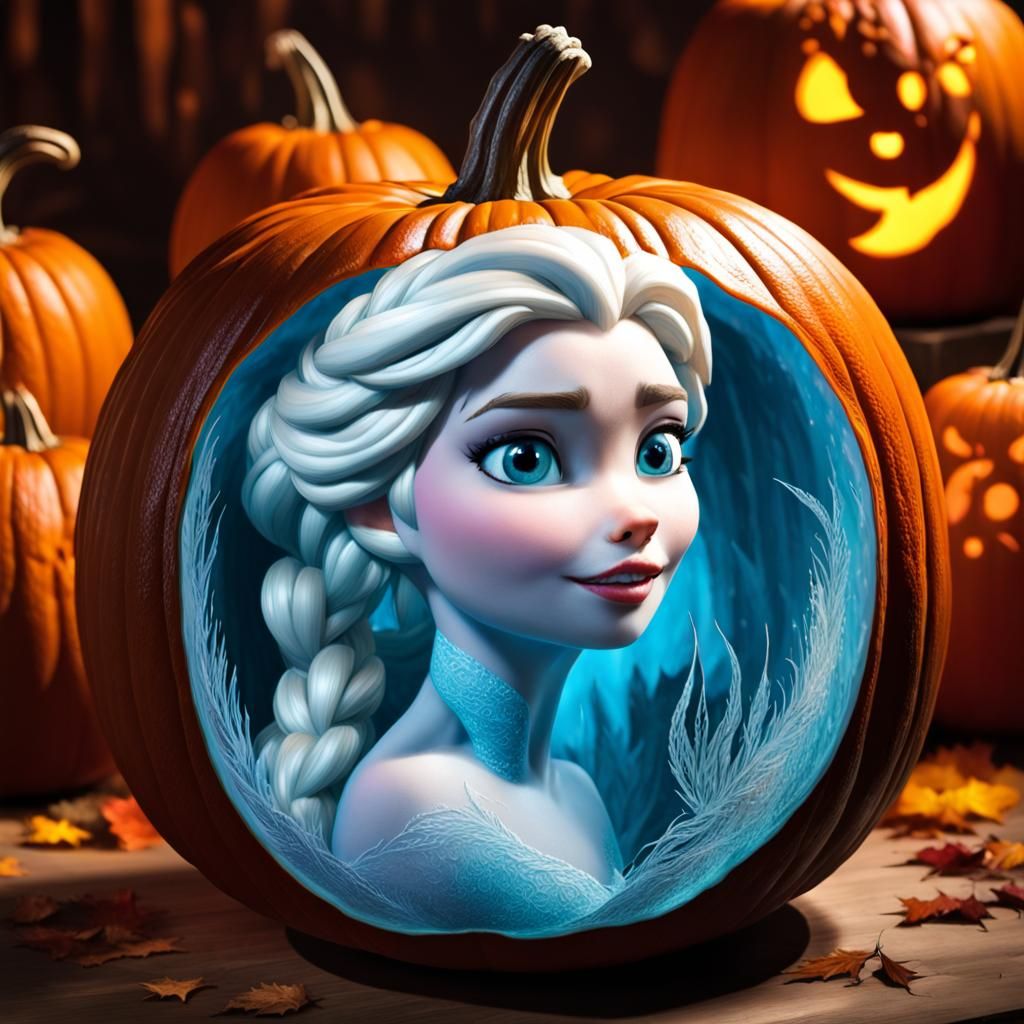 carved frozen Elsa inside Pumpkin