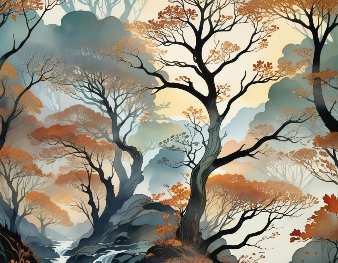 Foggy River Valley in Art Nouveau Style