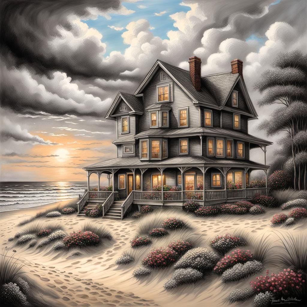 Beach Cottage in Romanticism Painting Style