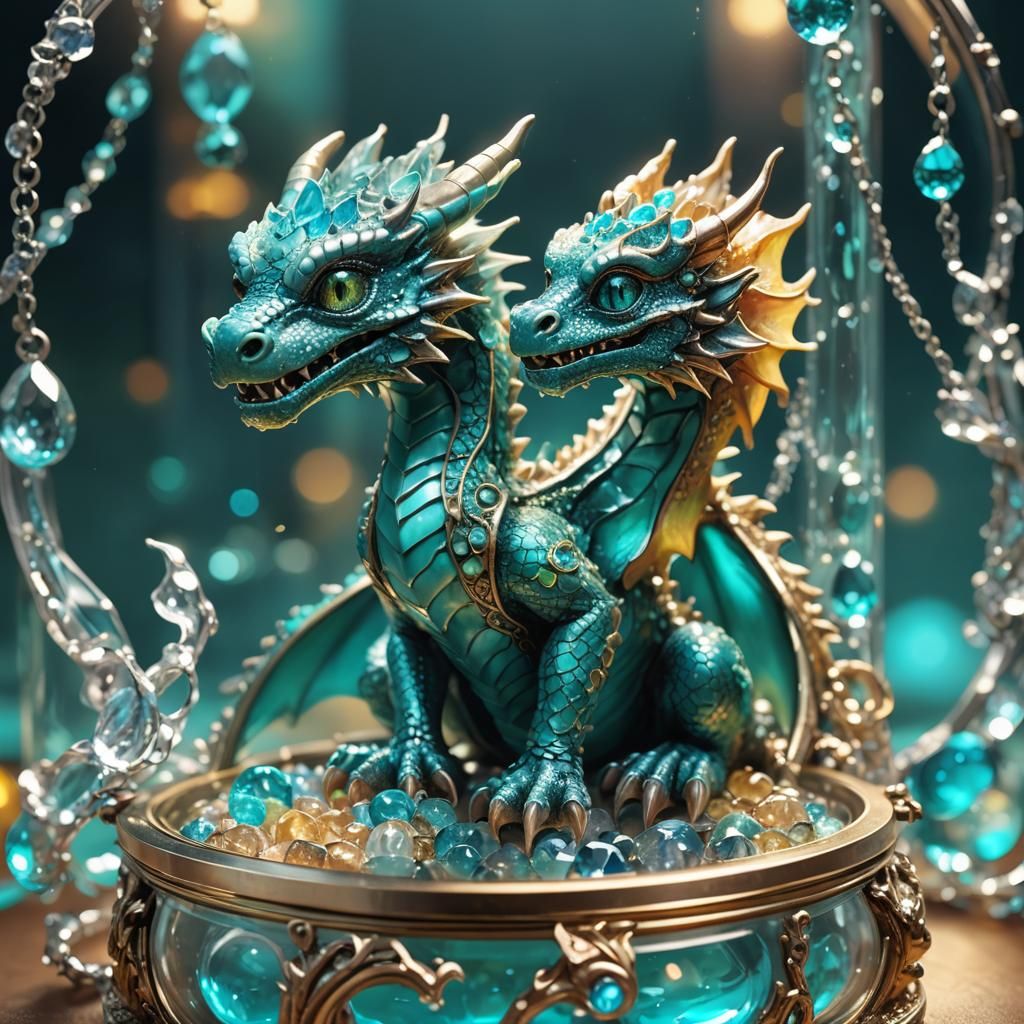 Turquoise Dragon in Jewelry Box: Hyperrealistic Splash Art