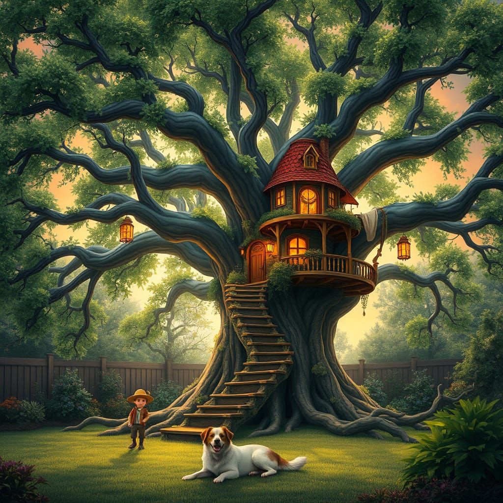 Majestic Treehouse in a Serene Backyard Landscape