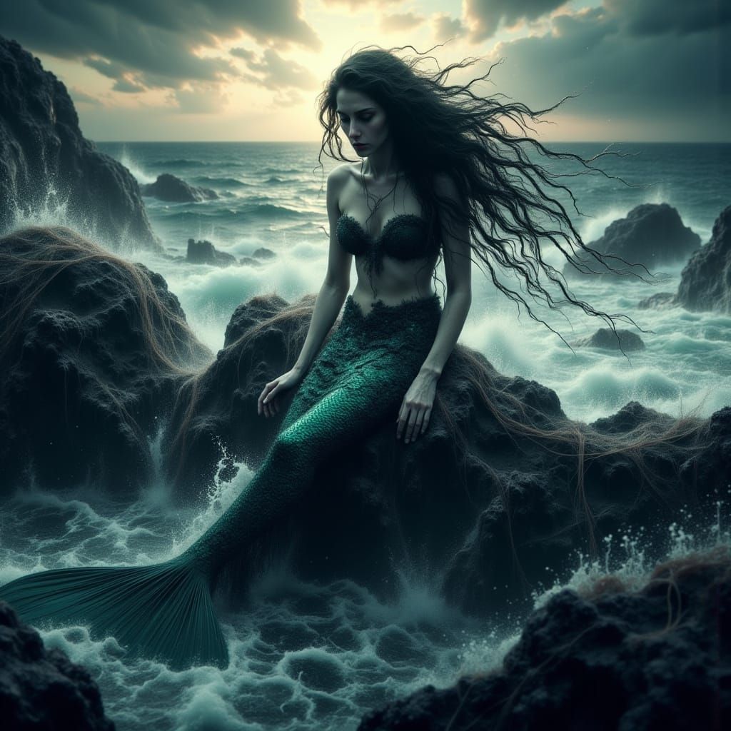 Melancholic Mermaid Goddess on Jagged Rocks