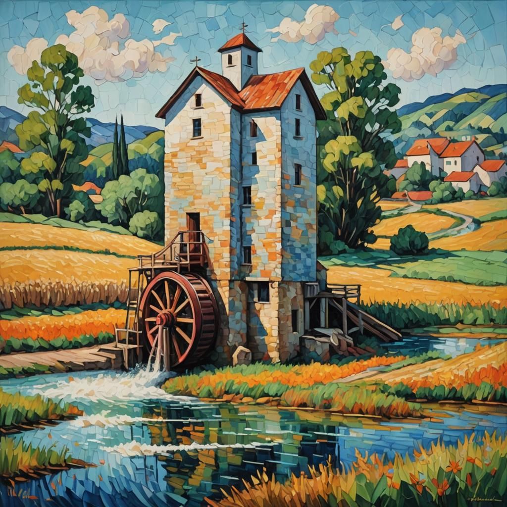 Watermill in Expressionist Impasto Oil Painting Style