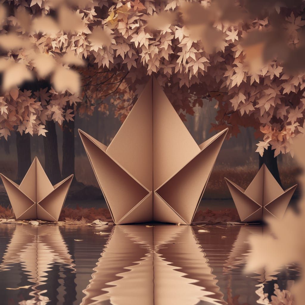 Origami Paper Forest with Lake Reflection