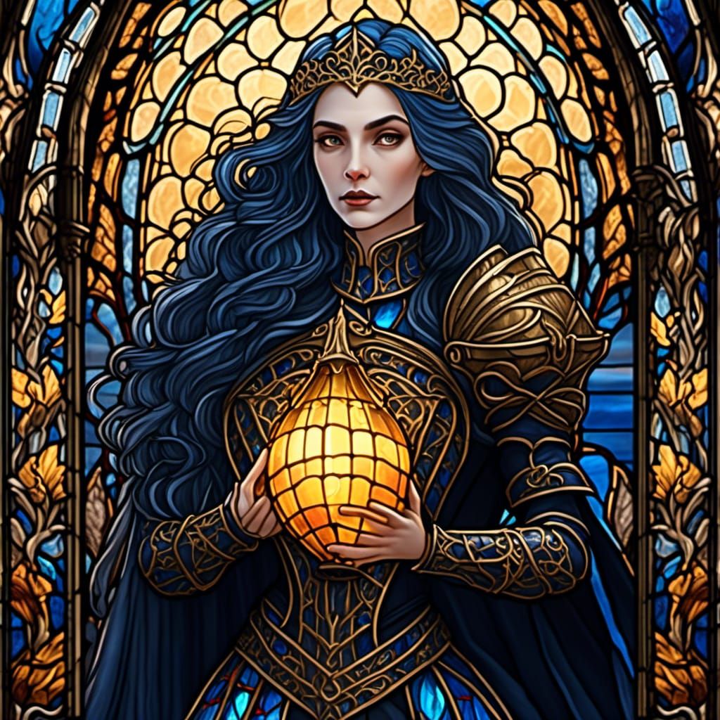 Golden sunset,Stained glass High Gothic , Dark Fantasydark c...