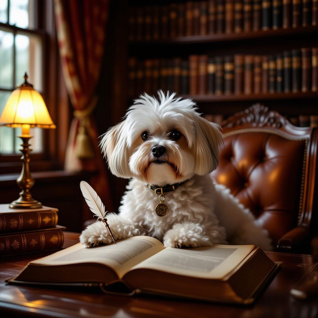 Regal Maltese Dog in Ancient Study with Oil Lamp