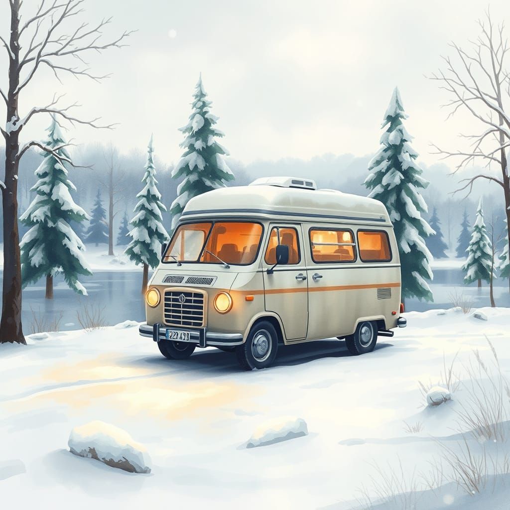 Winter Wonderland Campervan Scene in Soft Watercolor Style