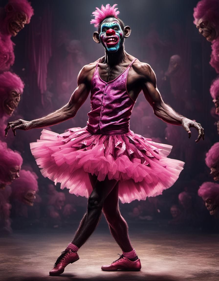 Hyperrealistic Zombie Clown Ballet Dancer in Pink Tutu