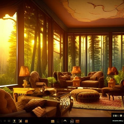 Luxurious Living Room with Forest Sunset View