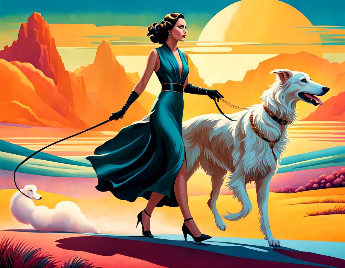 Elegant Art Deco Woman with Borzoi Dog